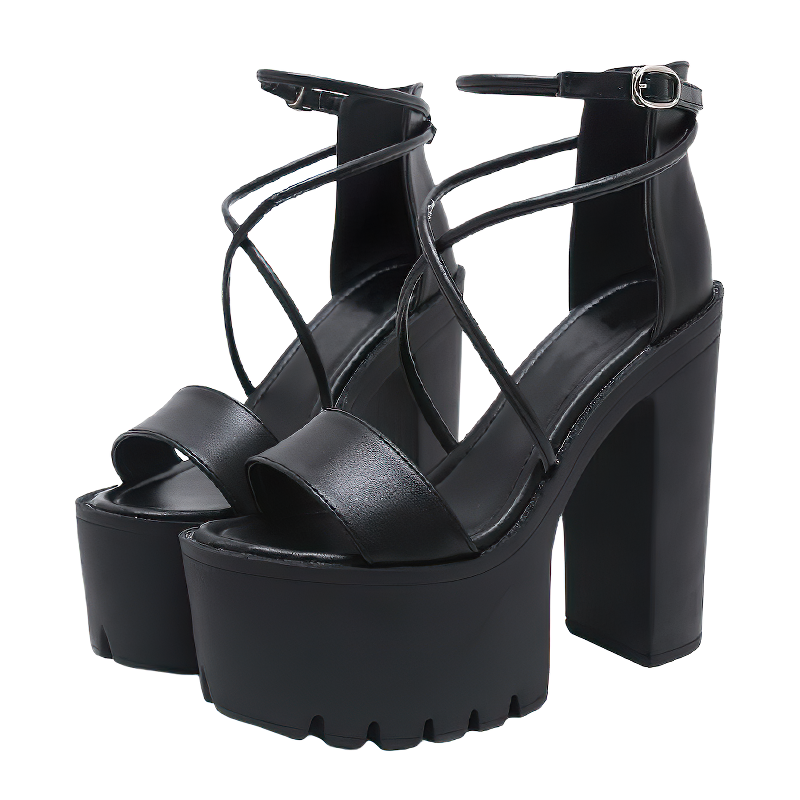 Platform Fashion Summer Shoes For Women / Open Toe Black Leather Female High Heels - HARD'N'HEAVY