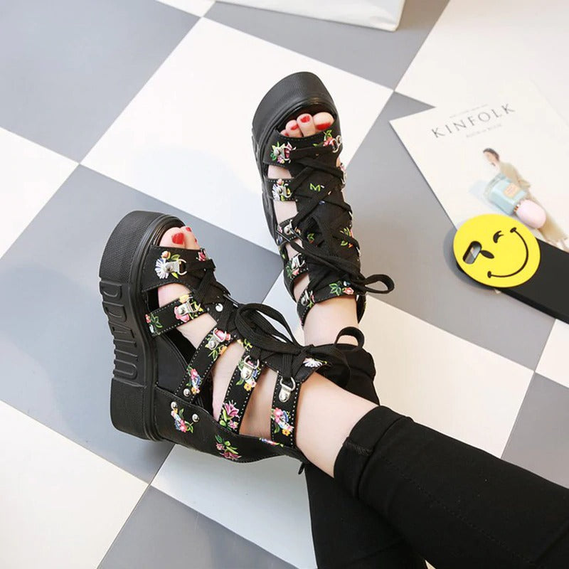 Stylish black platform women sandals with colorful floral print, perfect for summer outfits and casual wear.