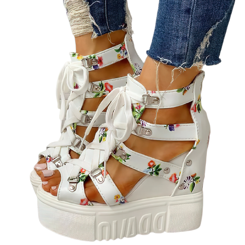 Stylish platform women sandals with floral print and ankle straps, perfect for summer outfits and casual wear.
