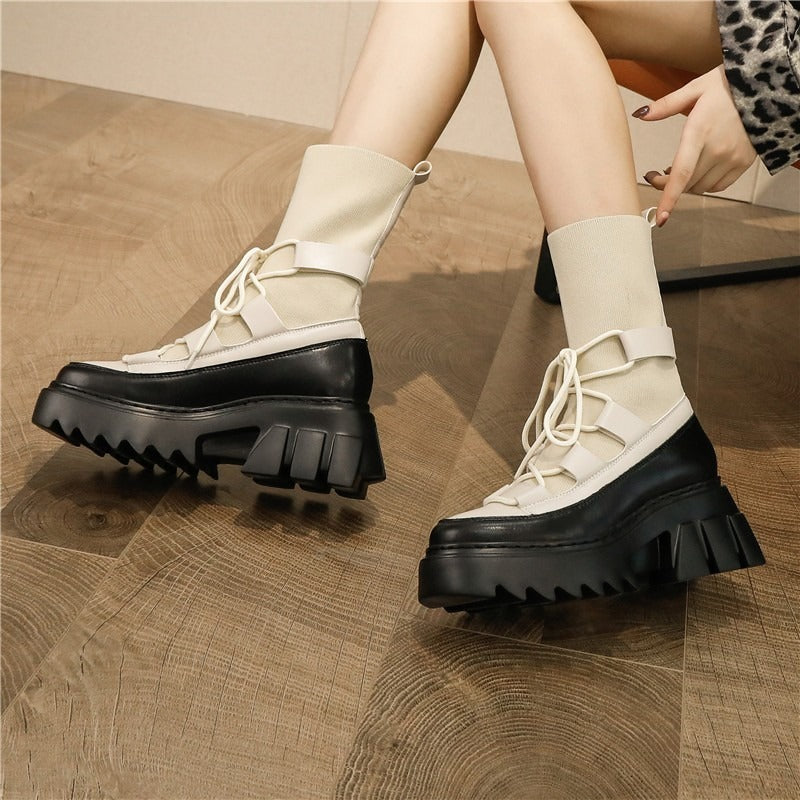 Platform Women's Lace-Up Boots / Stretch Fabric Autumn Footwear / Fashion Women Long Boots - HARD'N'HEAVY