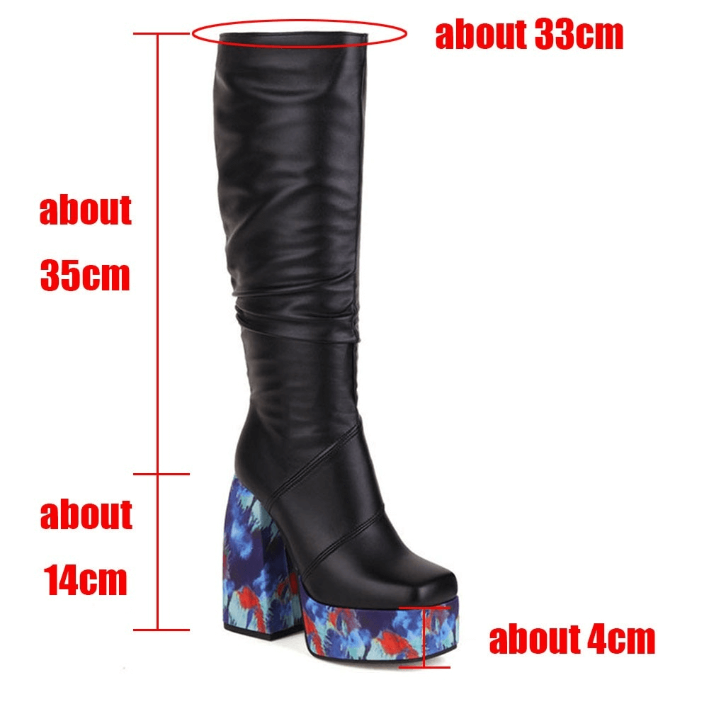 Trendy black high-knee platform boots with blue floral square heels, showcasing stylish comfort and unique design.