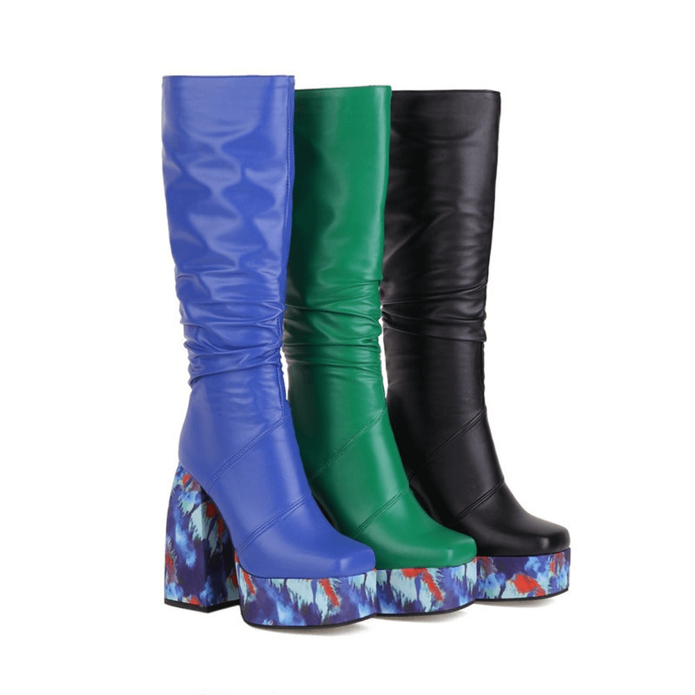 Colorful high-knee platform boots in blue, green, and black with unique patterned soles for trendy casual fashion.