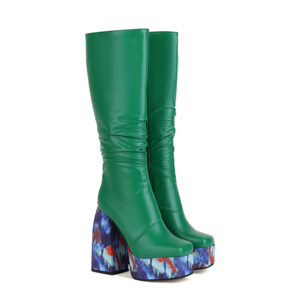 Stylish green knee-high platform boots with colorful square heels, perfect for trendy casual outfits.