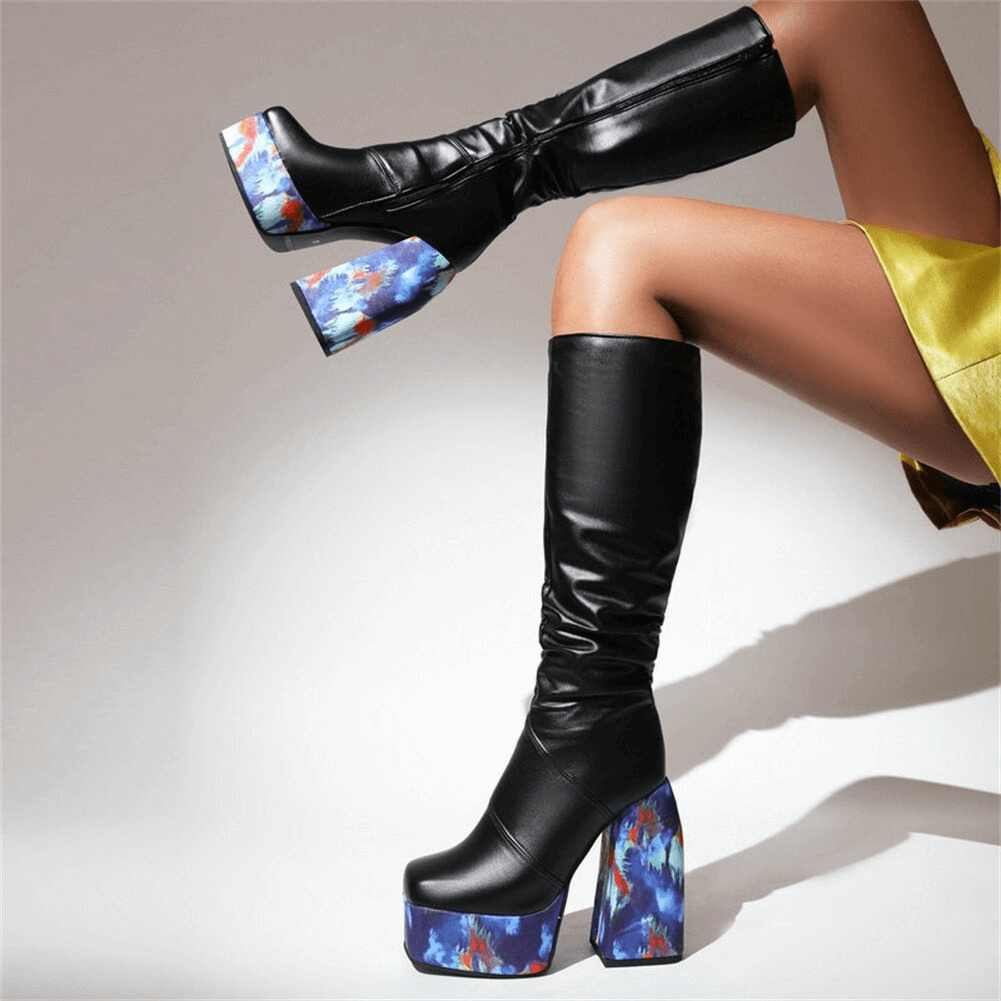 Stylish high knee black platform boots with colorful square heels, perfect for trendy casual outfits.