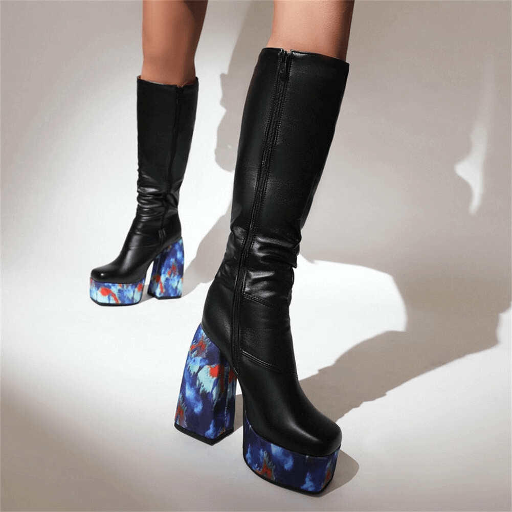 Trendy black knee-high platform boots with colorful square heels, perfect for stylish casual looks.