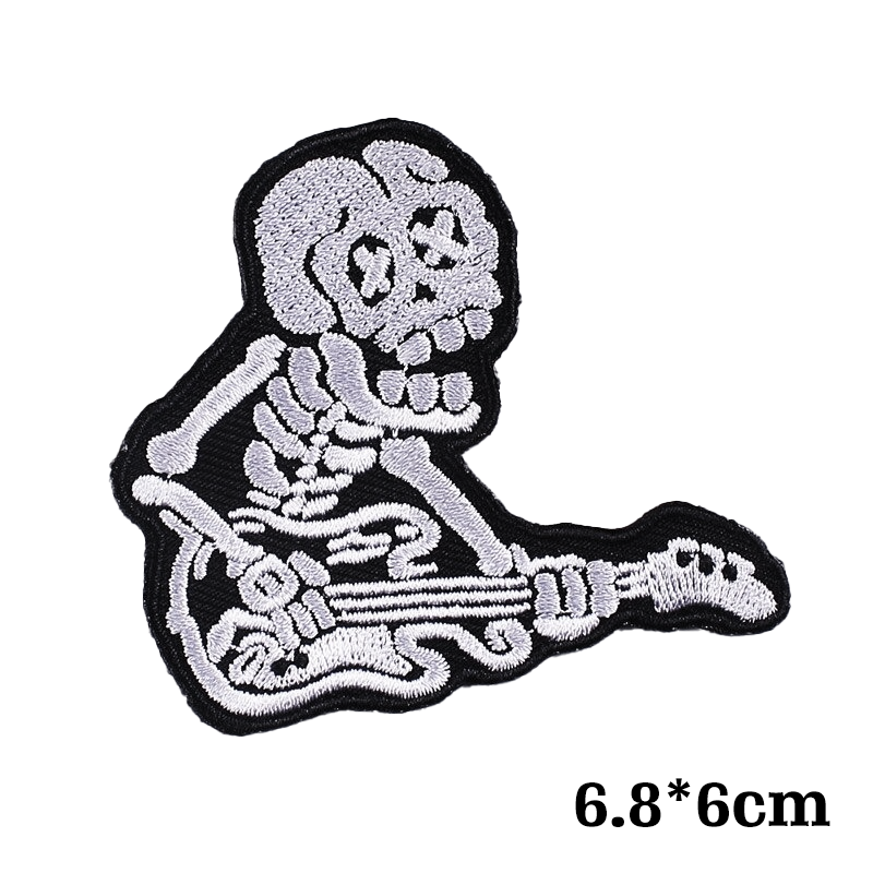 Skeleton playing guitar patch, rocker-style design for jackets and bags, 6.8x6cm, stylish unisex accessory.