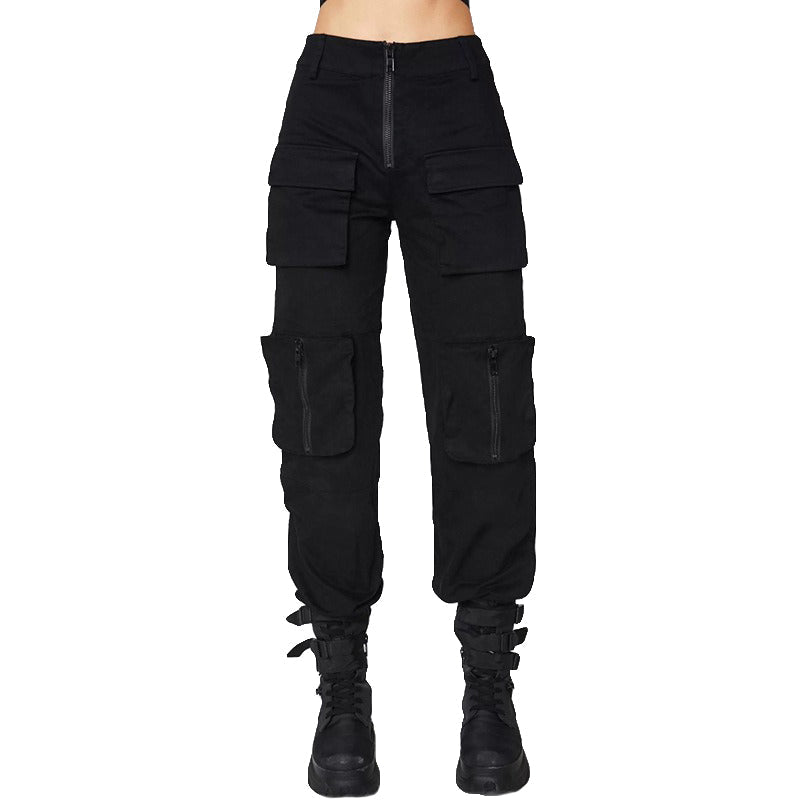 Black pleated gothic pants for women, featuring zipper and patchwork pockets, perfect for autumn fashion.