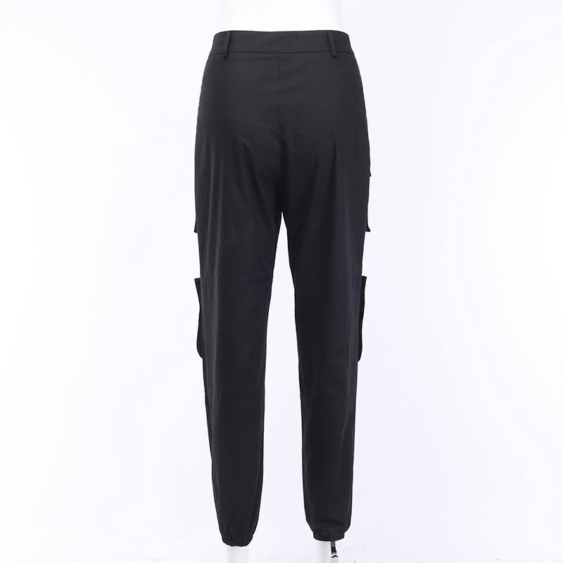 Pleated gothic pants for women featuring patchwork pockets, high waist design, suitable for autumn fashion.