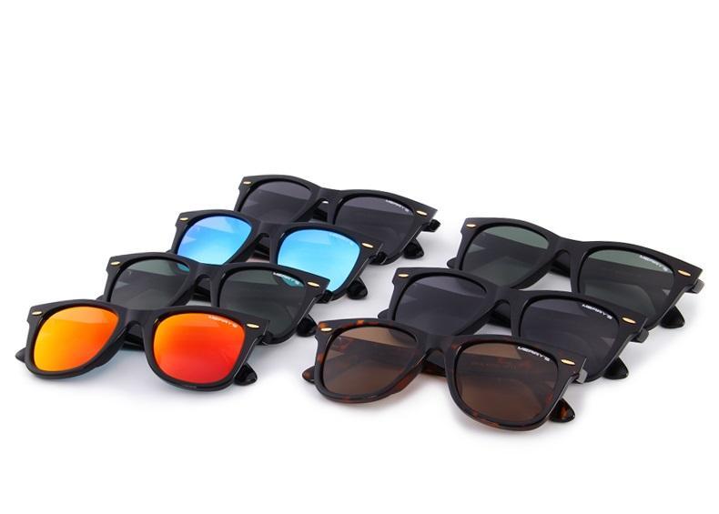 Classic retro polarized sunglasses collection with mirrored lenses and 100% UV protection in various colors.