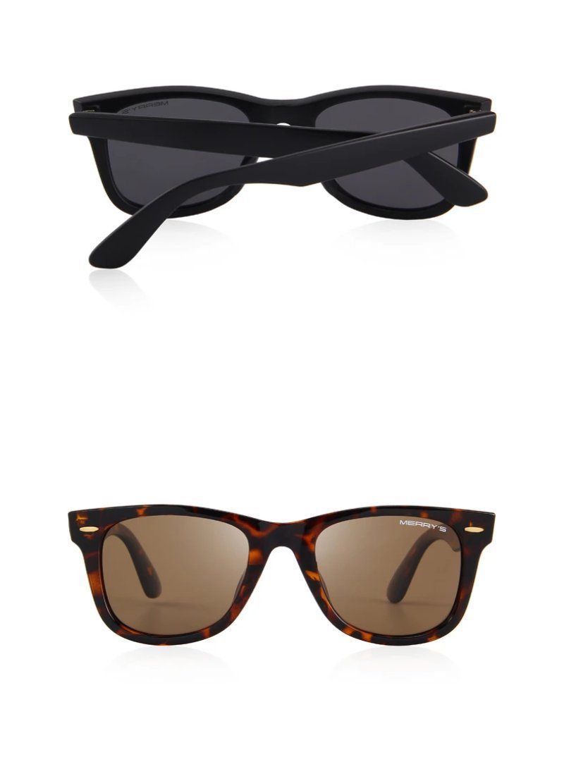 Classic retro polarized sunglasses in black and tortoise shell, offering 100% UV protection and a stylish square design.