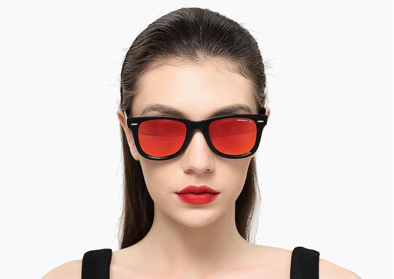 Stylish retro polarized sunglasses with square frames and mirrored red lenses, perfect for adding flair to any outfit.