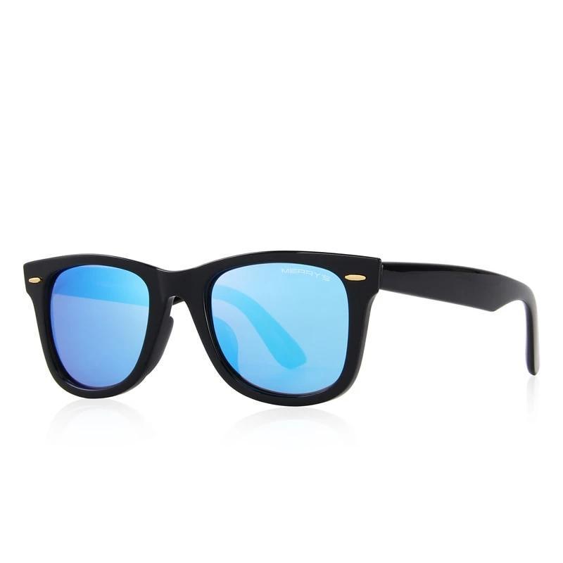Classic retro polarized sunglasses with blue mirrored lenses, 100% UV protection, perfect for rock and gothic outfits.