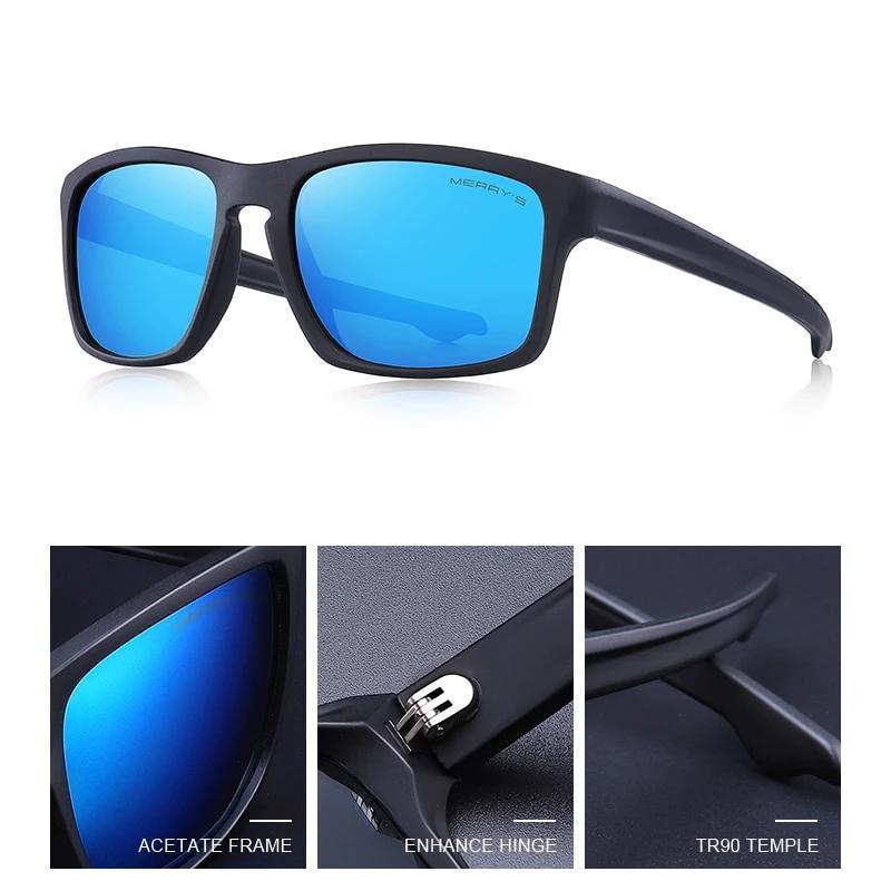 Polarized sunglasses for sport fishing with blue lenses and acetate frame, perfect for outdoor adventures.