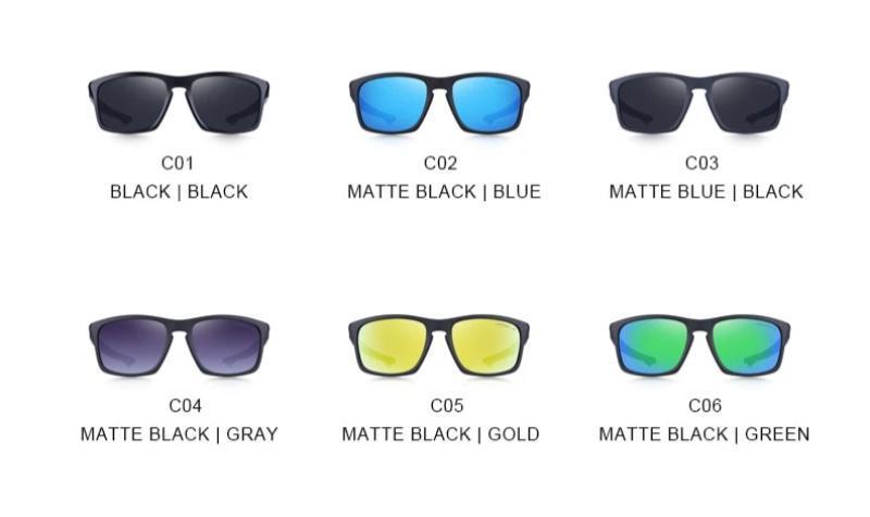 Polarized sport fishing sunglasses in various colors: black, matte black, blue, gray, gold, green. Perfect for outdoor adventures!