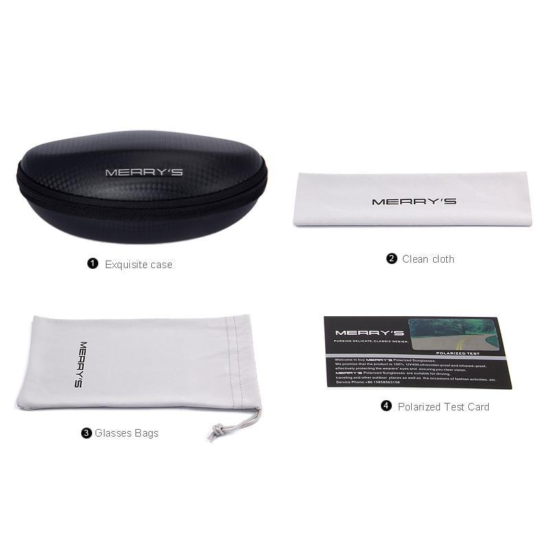 Sunglasses accessories including case, cleaning cloth, microfiber bag, and polarized test card for quality assurance.
