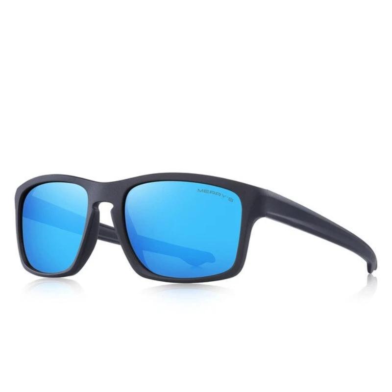 Polarized sport fishing sunglasses with blue square mirrored lenses, perfect for outdoor adventures and UV protection.