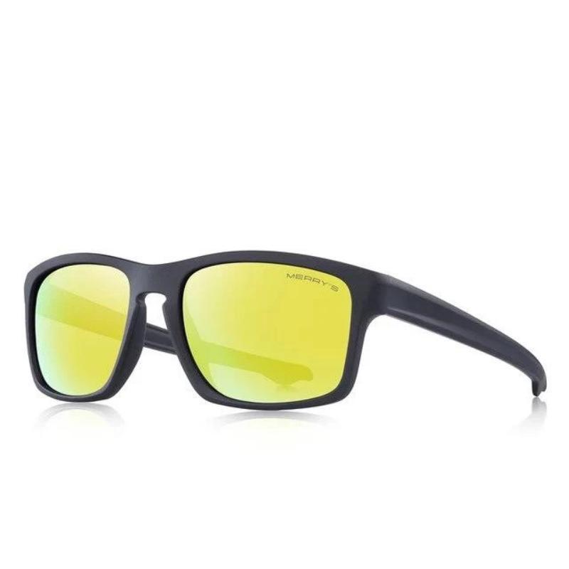 Polarized sport fishing sunglasses with yellow square mirror lenses in a stylish black frame.