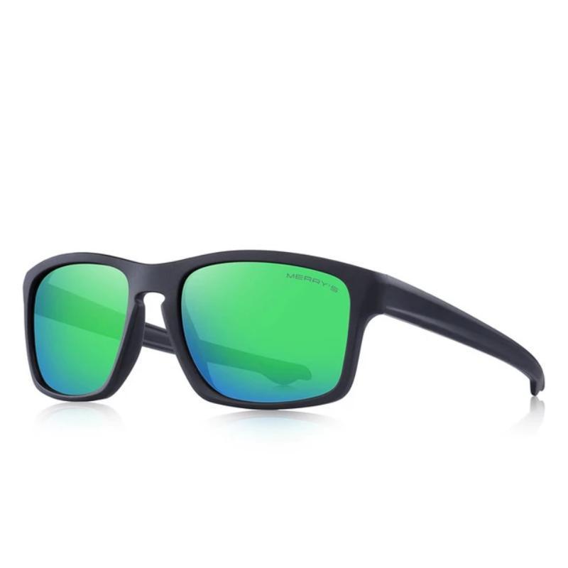 Polarized sport fishing sunglasses with square green mirrored lenses and a stylish black frame.