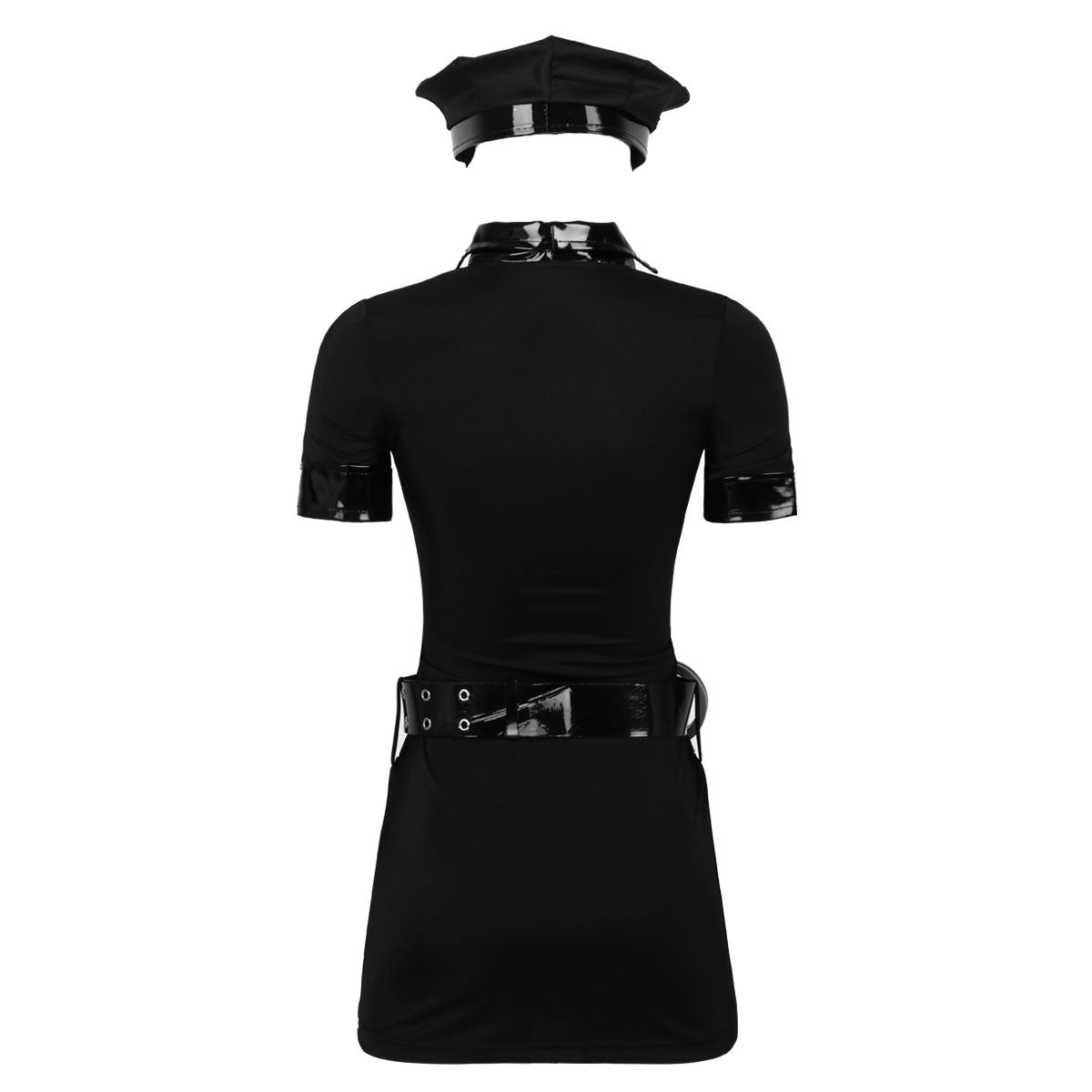 Back view of a sexy police officer women's costume with hat, belt, and bodycon mini dress, perfect for cosplay or Halloween.