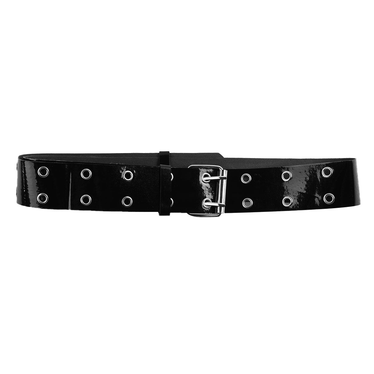 Shiny black patent leather belt with metal grommets and buckle, perfect accessory for police officer cosplay outfit.