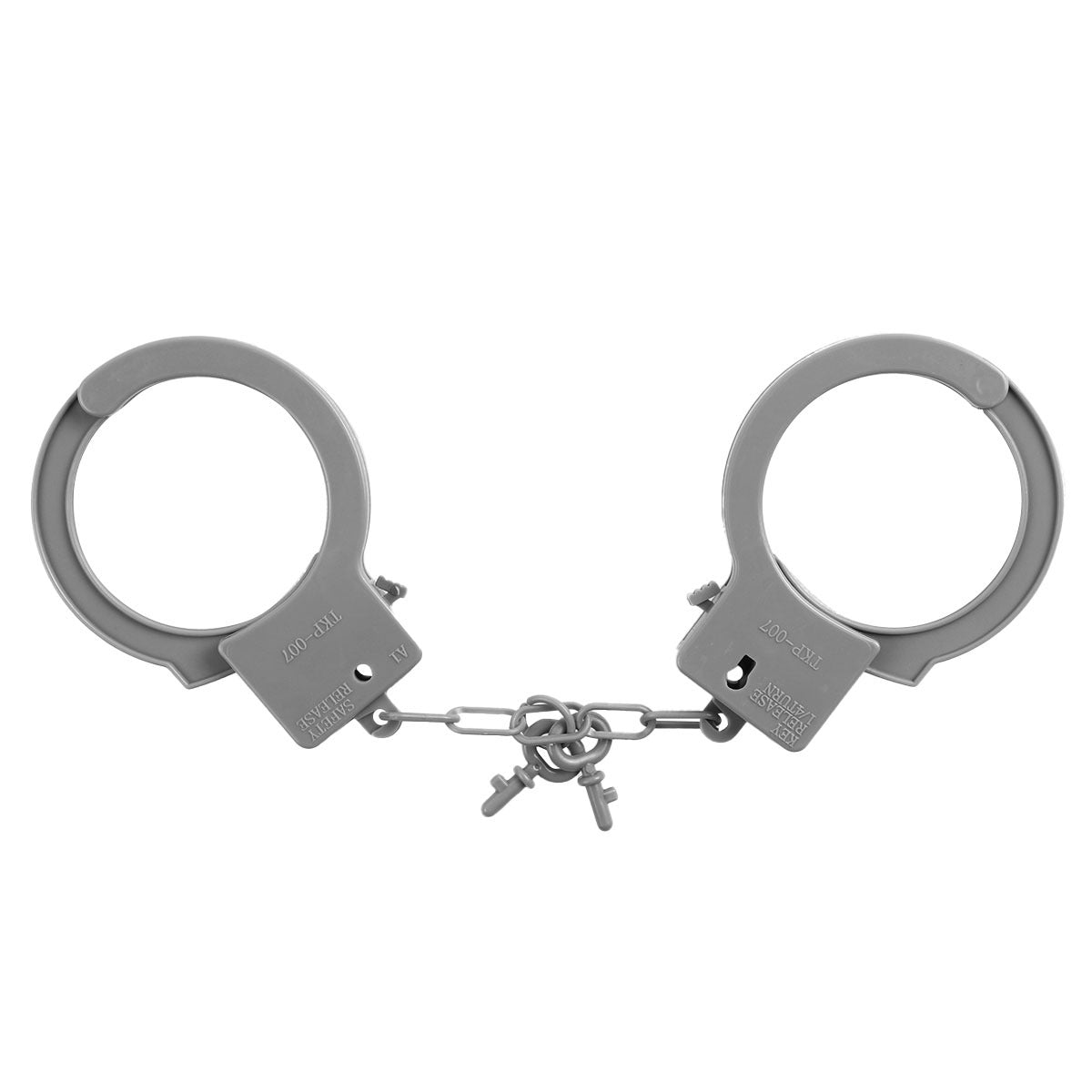 Silver handcuffs with double locking mechanism, perfect for police cosplay or Halloween costume accessories.