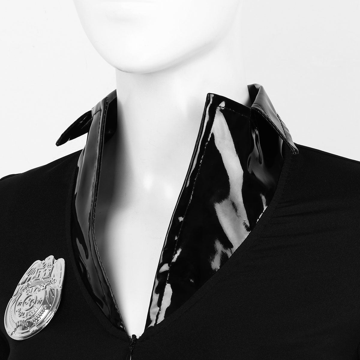 Close-up of Police Officer Cosplay women's costume with glossy black collar and badge detail for Halloween fun.