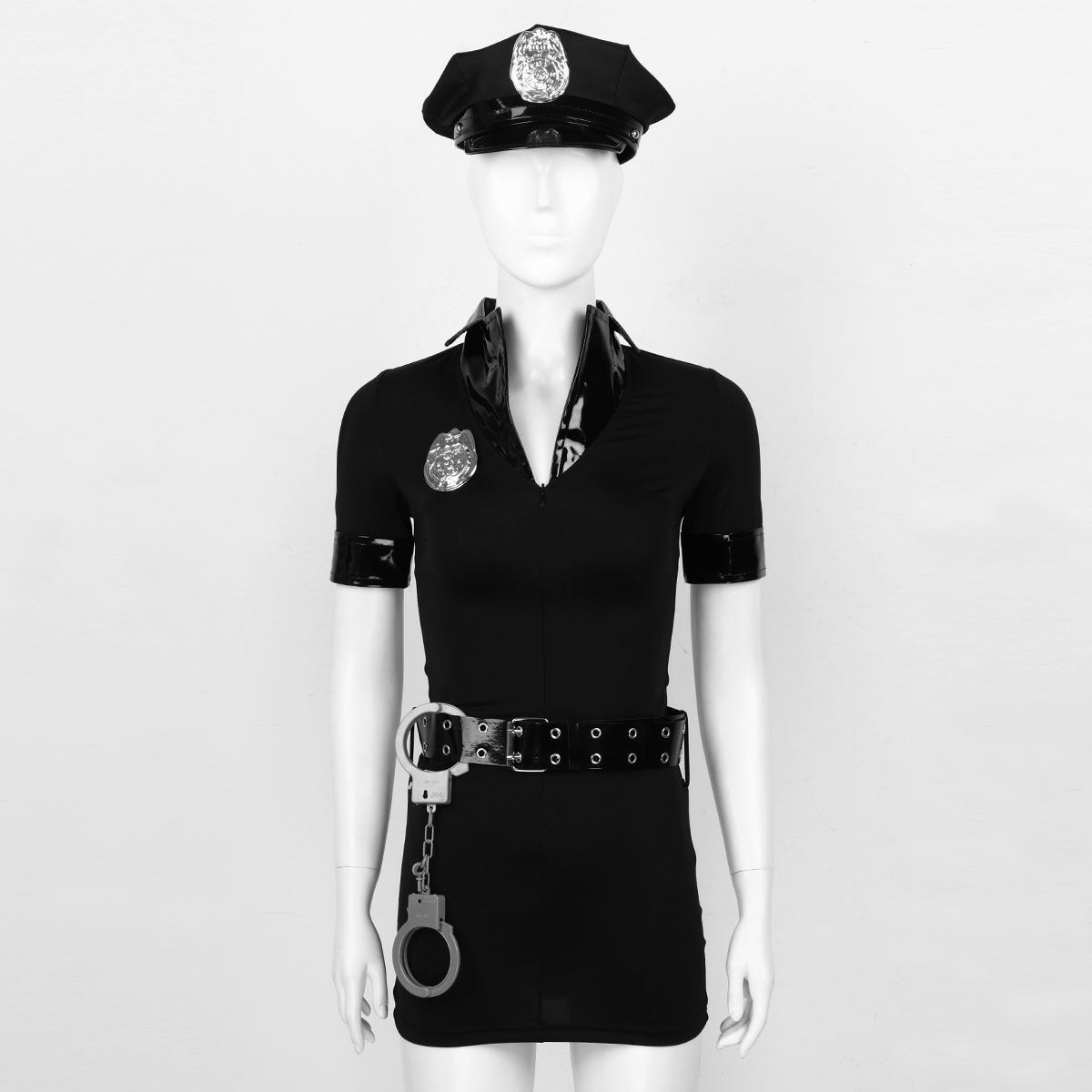 Women's police officer cosplay costume with hat, badge, cuffs, and bodycon mini dress for Halloween parties.