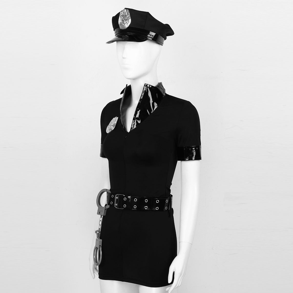 Police officer cosplay women's costume featuring a bodycon mini dress, hat, belt, and cuffs for Halloween fun.