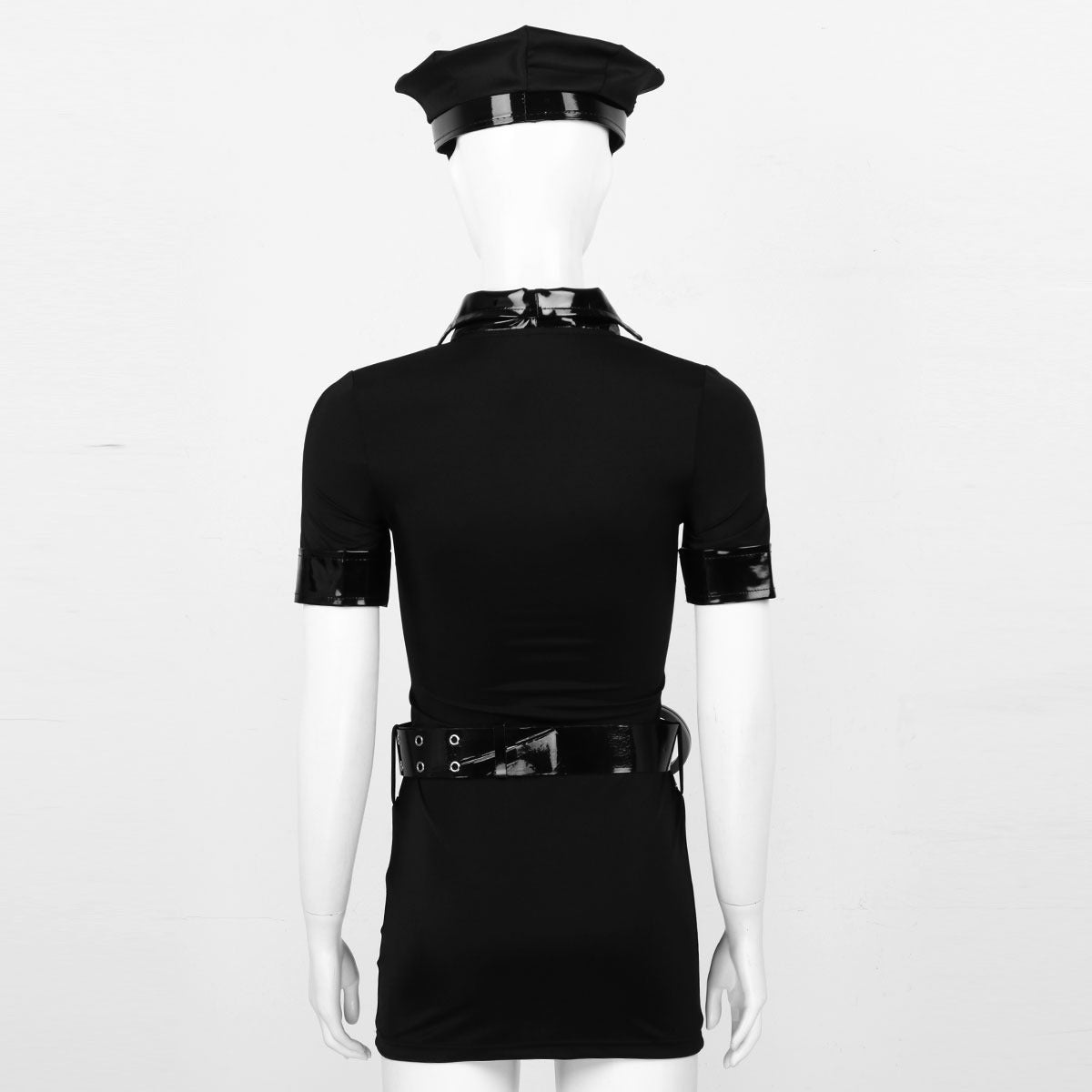 Back view of a women's police officer cosplay costume featuring a mini dress, hat, and belt in black patent leather.