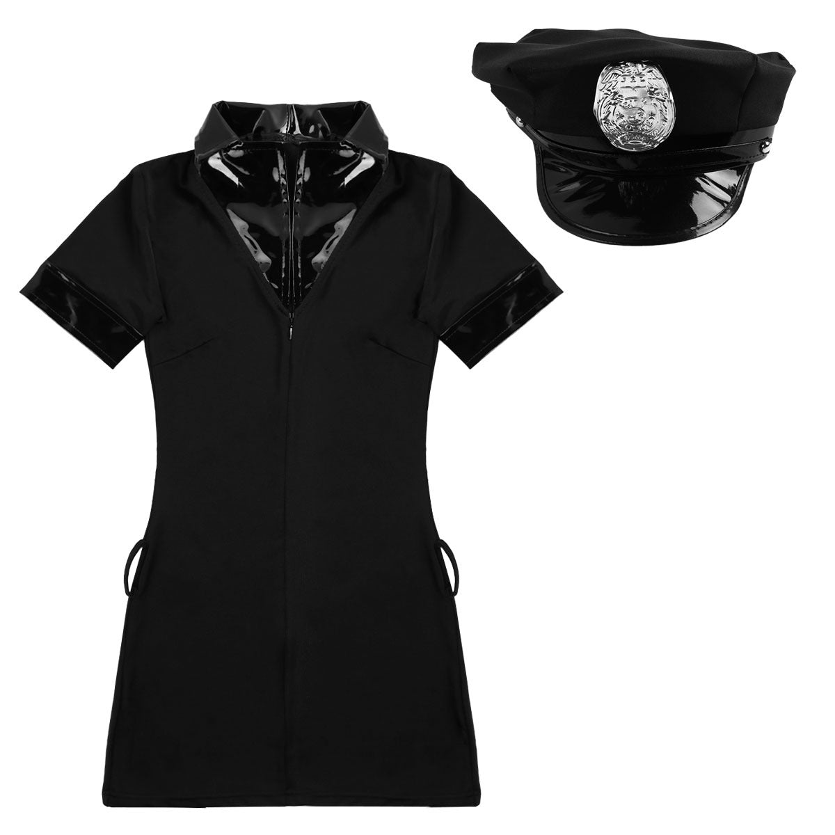 Police officer cosplay women's costume with hat, bodycon mini dress, and shiny accents for Halloween or themed parties.