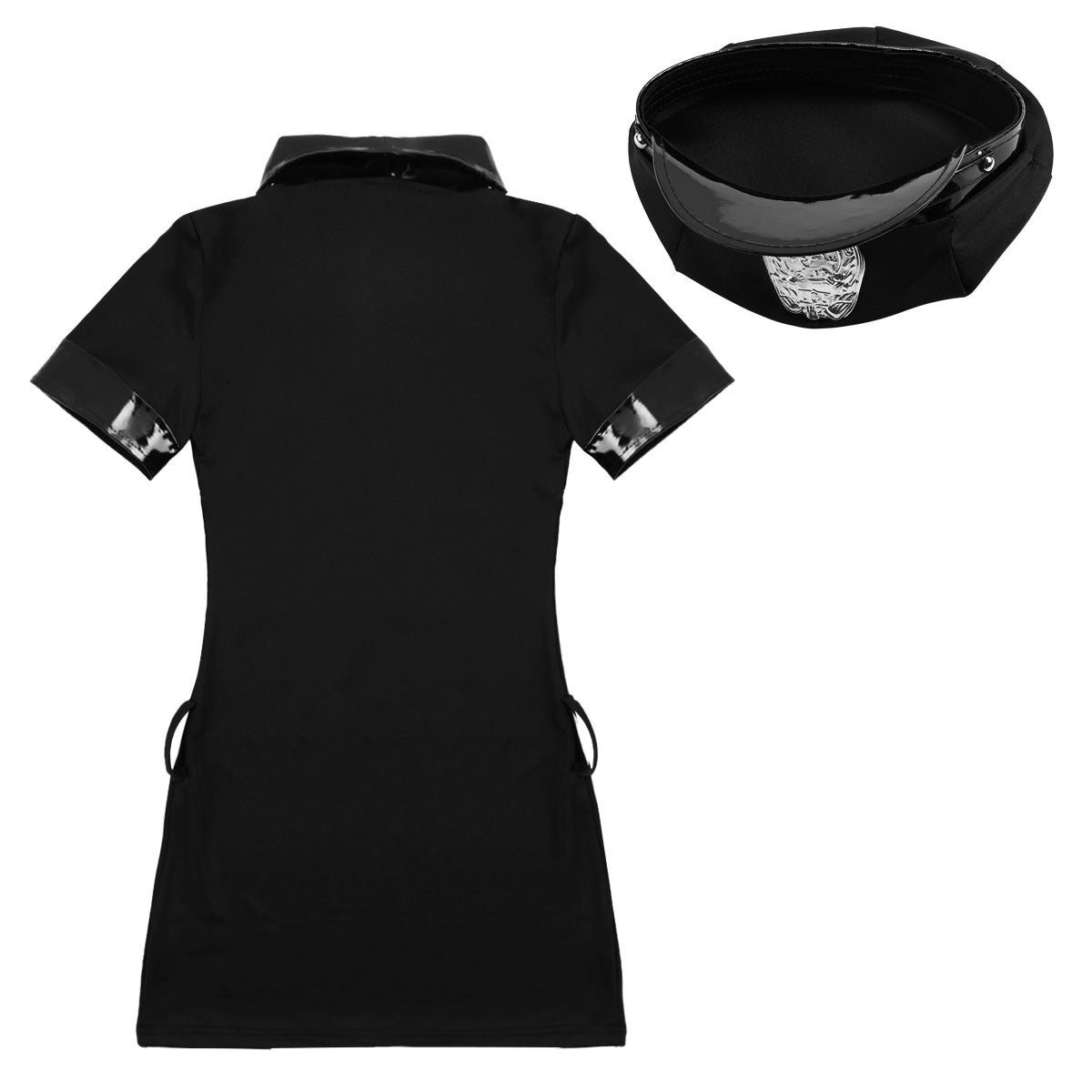 Police officer cosplay women's mini dress with hat, featuring sleek black design and stylish cuffs for Halloween.