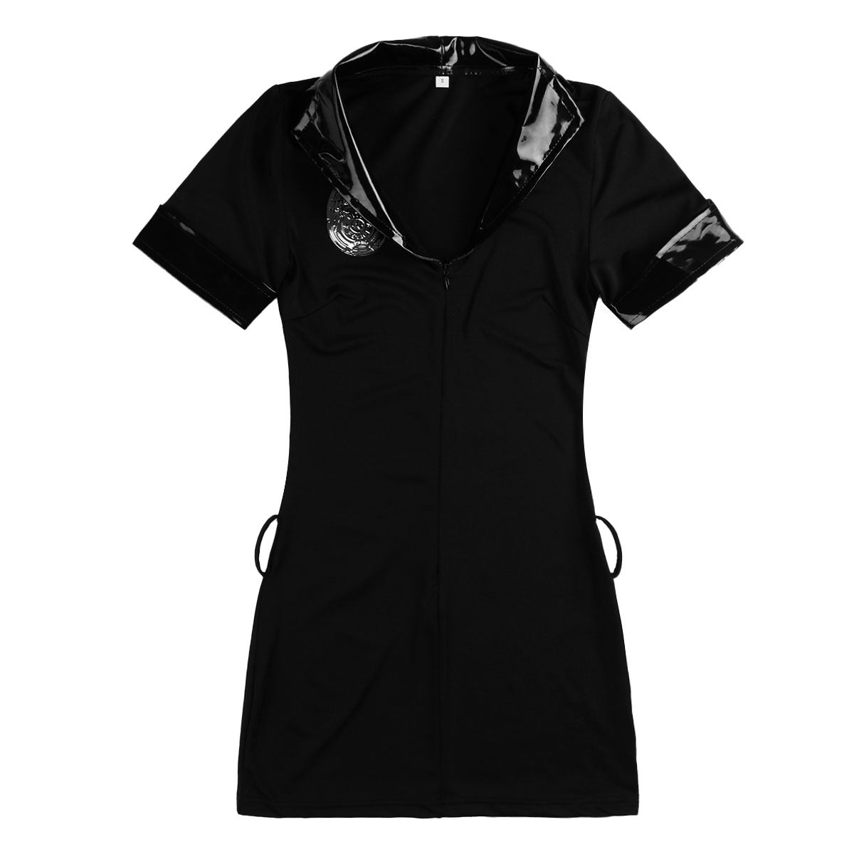 Black police officer bodycon mini dress with shiny collar and badge detail, perfect for cosplay or Halloween.