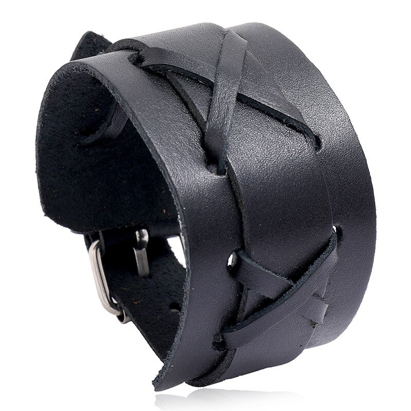 Stylish black wide genuine leather bangle with unique woven design, perfect unisex punk rock jewelry for men and women.