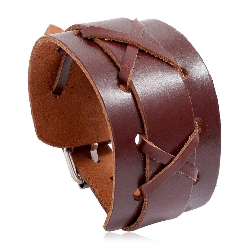Wide genuine leather bangle with a punk style design for unisex wear in rich brown color.