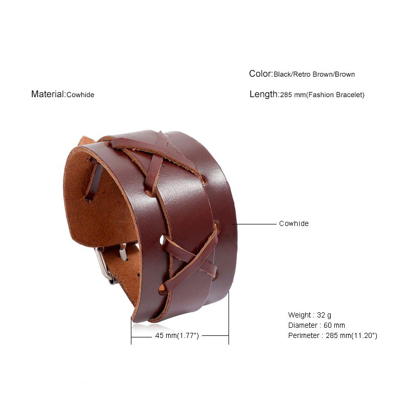 Wide genuine leather bangle in brown, unisex punk bracelet with detailed design and size specifications.
