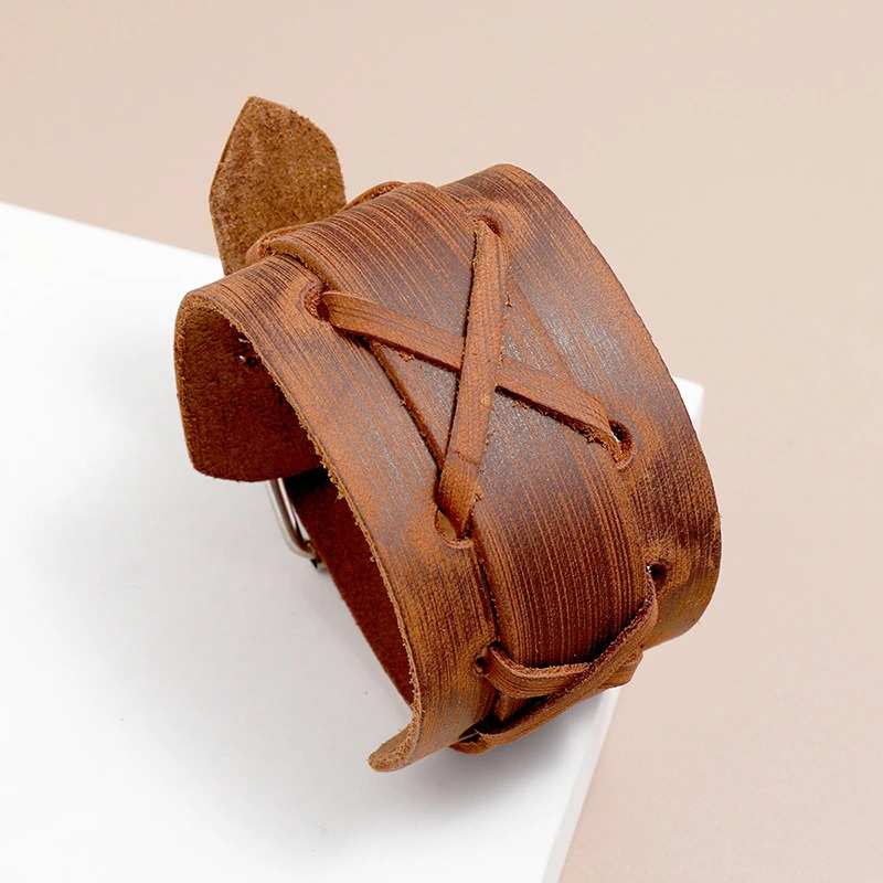 Unisex punk rock wide genuine leather bracelet in brown with stylish woven design.