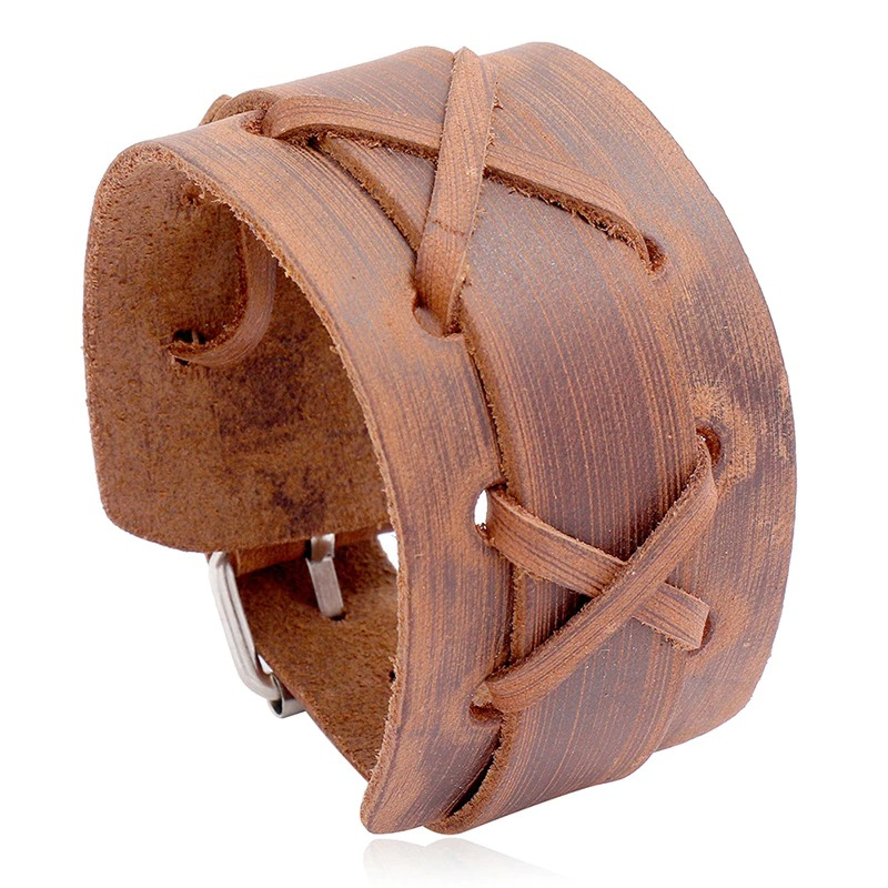 Wide genuine leather punk bracelet for men and women, featuring cross stitching and adjustable clasp.