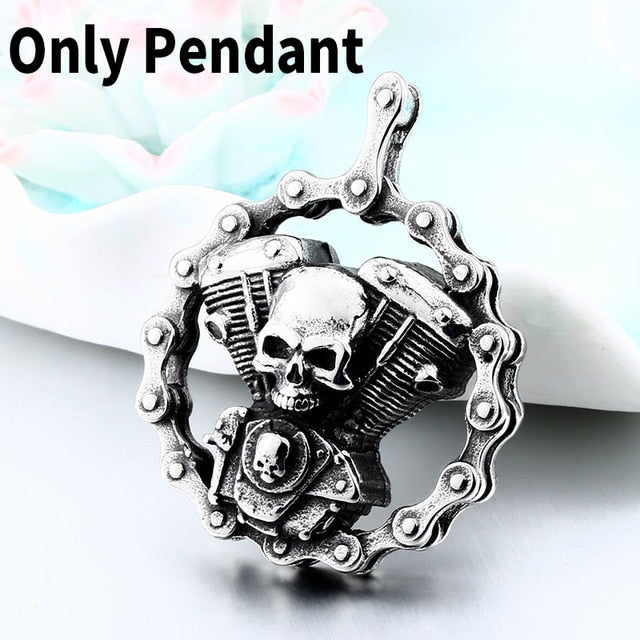 Steel skull motorcycle engine pendant necklace for bikers, made of high-quality stainless steel, perfect for rides or parties.