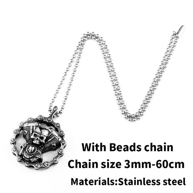 Steel skull motorcycle engine pendant necklace with bead chain, made of stainless steel, stylish biker jewelry.