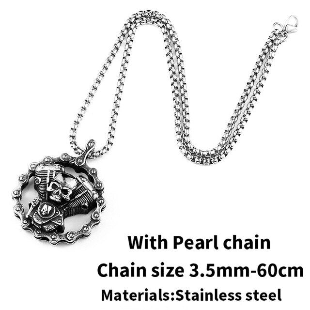 Steel skull motorcycle engine pendant necklace on pearl chain, high-quality stainless steel biker jewelry.