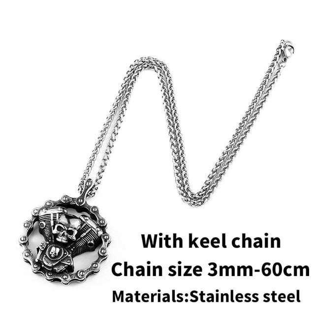Steel skull motorcycle engine pendant necklace on a stainless steel chain, perfect for bikers and rock enthusiasts.