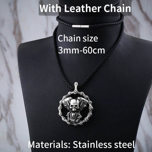 Steel skull motorcycle engine pendant necklace on leather chain, perfect for bikers and parties.