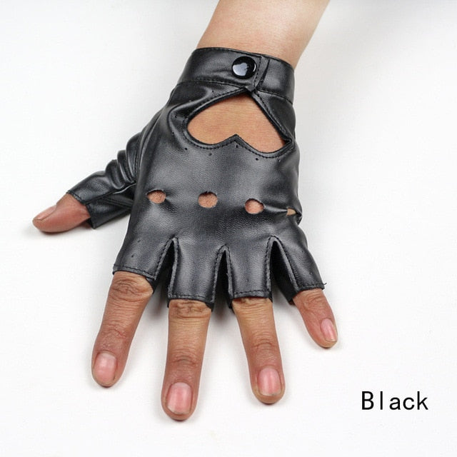 Black punk rock semi-finger gloves made of synthetic leather with hollow-out heart design - stylish and breathable.