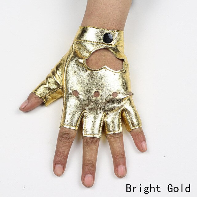 Bright gold punk rock fingerless gloves with decorative button and hollow-out heart for alternative fashion.