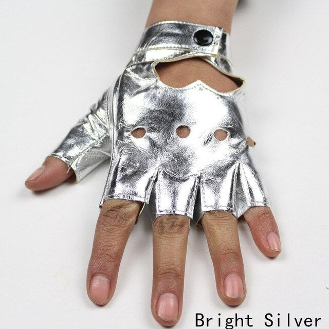Punk rock bright silver fingerless gloves featuring hollow-out heart design, perfect for concerts and dance parties.