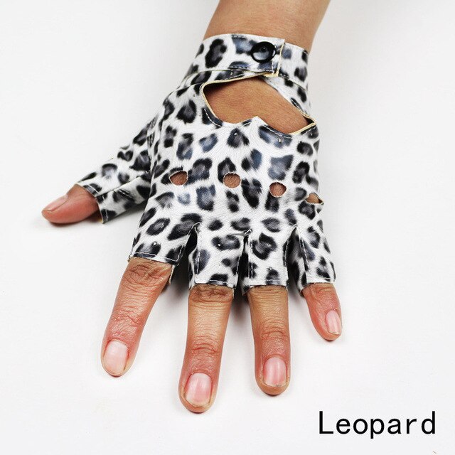 Punk Rock leopard print fingerless gloves, stylish and breathable for dance parties and festivals.