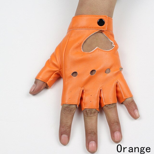 Punk Rock orange semi-finger gloves with heart cutout and button, perfect for alternative fashion lovers.