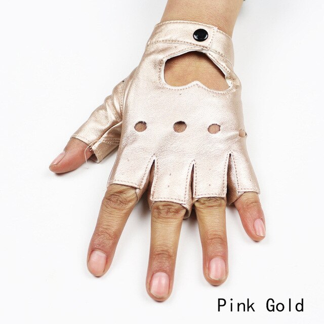 Pink gold punk rock half-finger gloves, stylish fingerless mittens for women in alternative fashion.