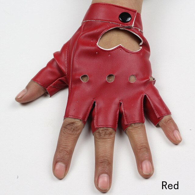 Punk rock red half-finger gloves with hollow-heart design, perfect for concerts and alternative fashion fans.