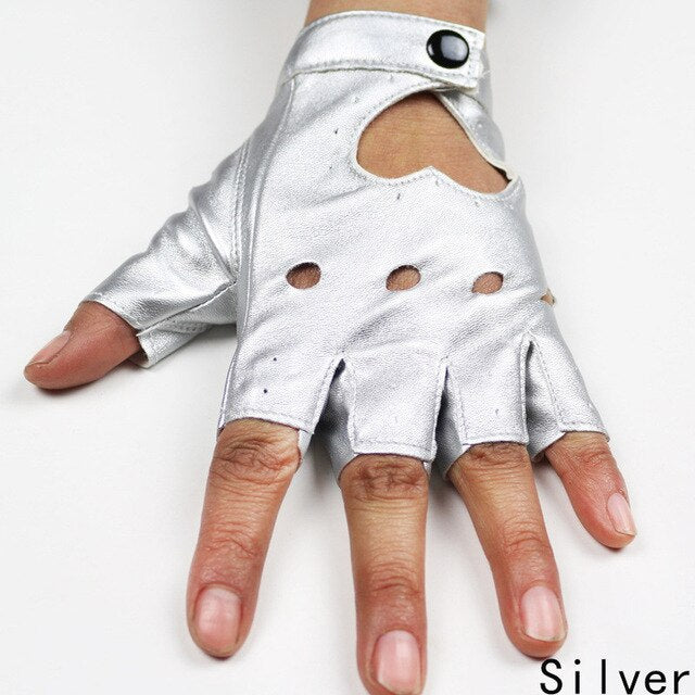 Silver Punk Rock half-finger gloves, stylish fingerless mittens for women, perfect for concerts and festivals.